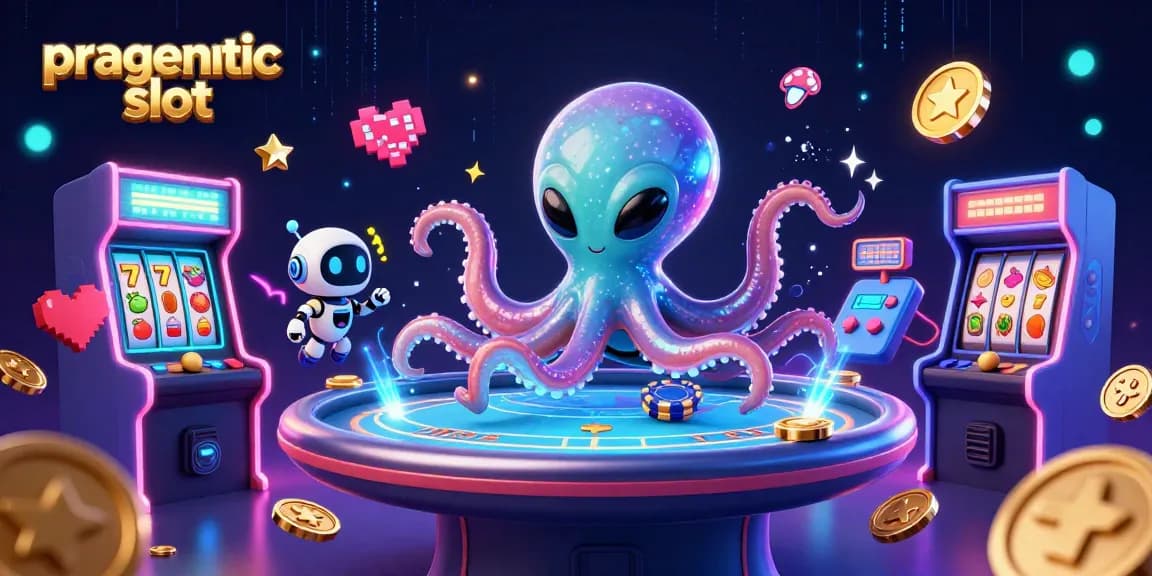 Menang slot pragmatic dengan ilustrasi 3D kartun alien octopus dan robot di meja poker.