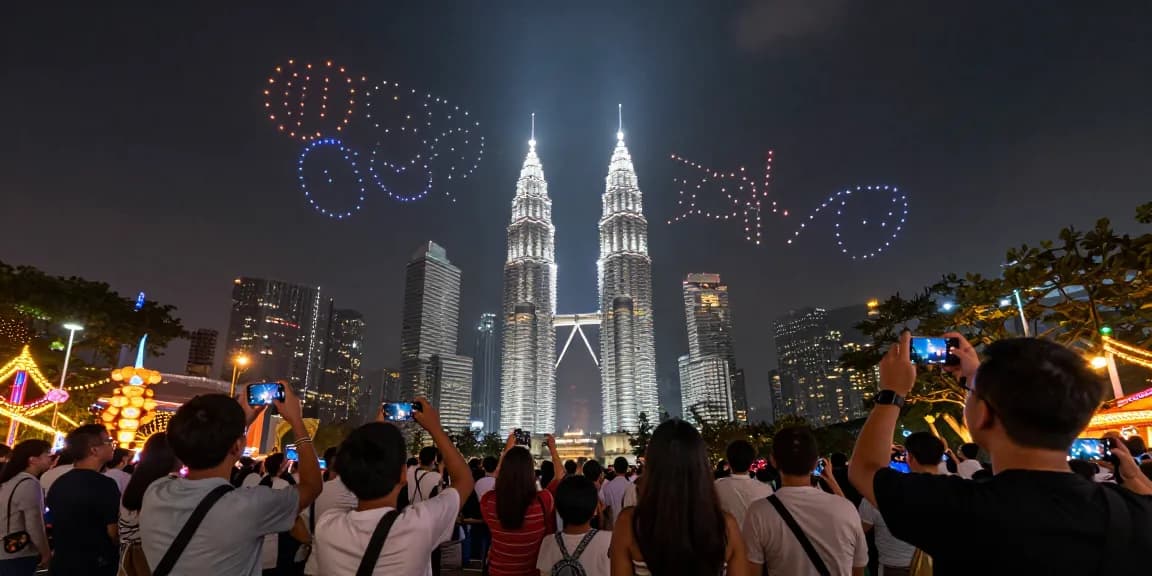 Dynamic malaysia drone light show over Kuala Lumpur with crowds enjoying the mesmerizing LED formations.