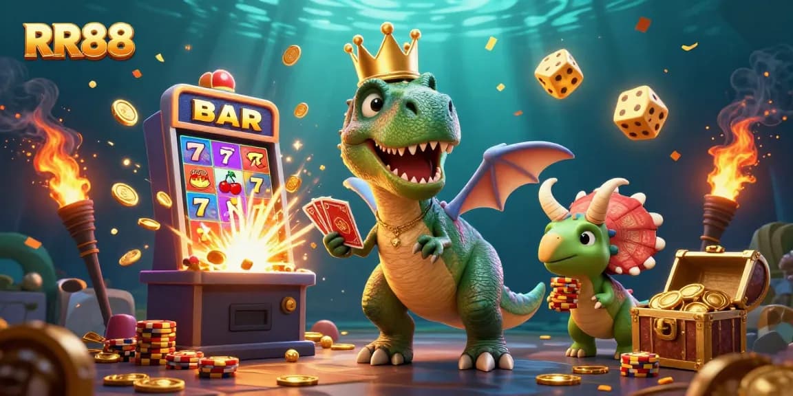 Experience the excitement at RR88 as friendly dinosaurs shuffle cards and stack chips in a vibrant casino scene.