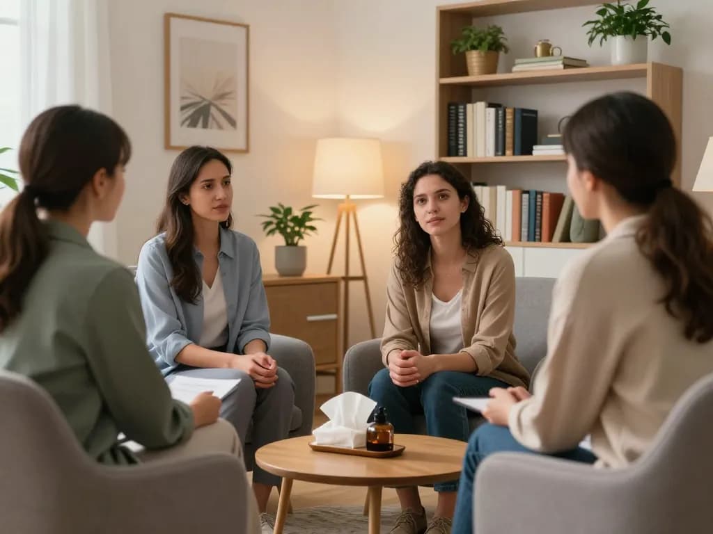 Couple engaged in therapy discussing ai sex dynamics in a supportive environment.