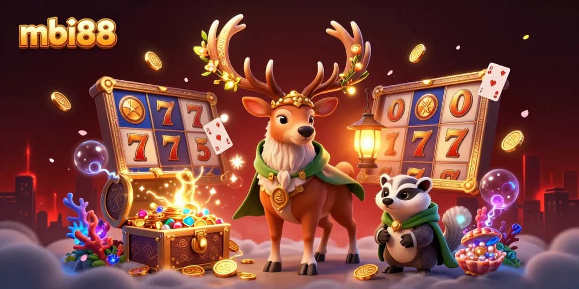 Experience thrilling gameplay at mbi88 with vibrant slot reels, a druid stag, and magical treasures.
