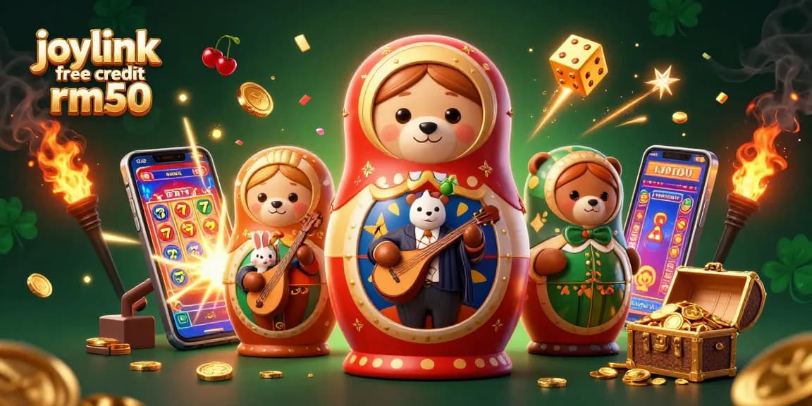 Spin and win with joylink free credit rm50 at this vibrant casino-themed illustration