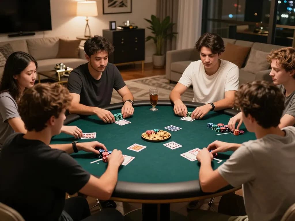 Zowin players enjoying a thrilling home poker night with chips and strategy notes visible.