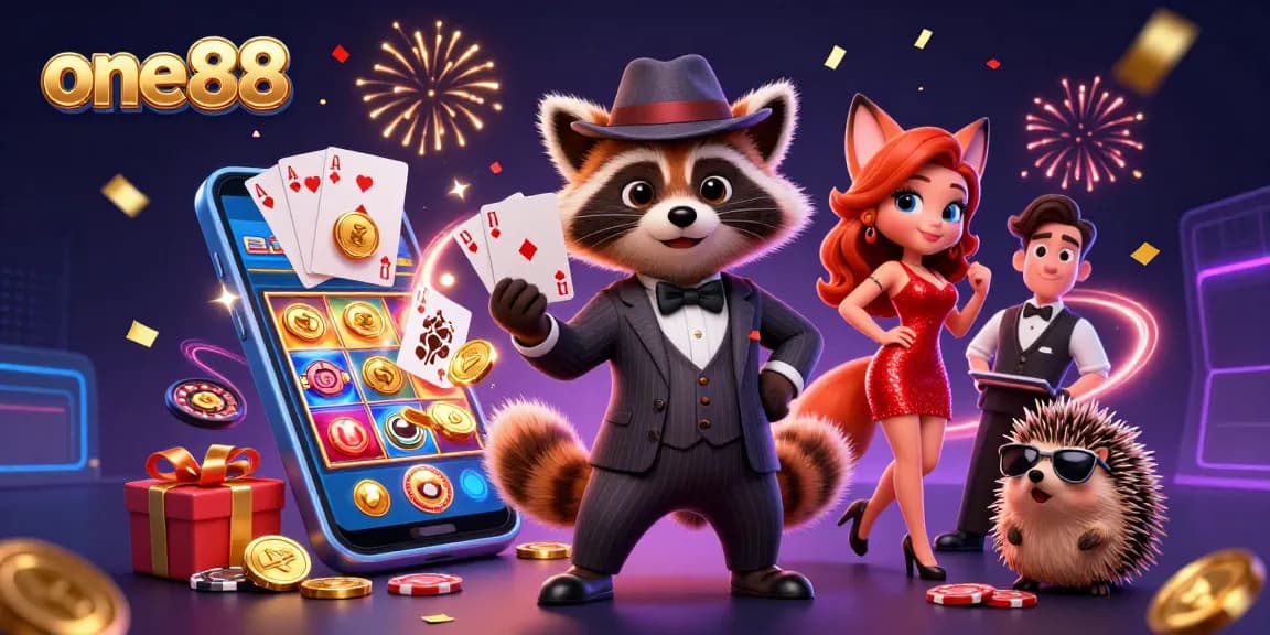 one88 players enjoying a lively casino atmosphere with a suave raccoon and fox lady amidst vibrant gaming elements.