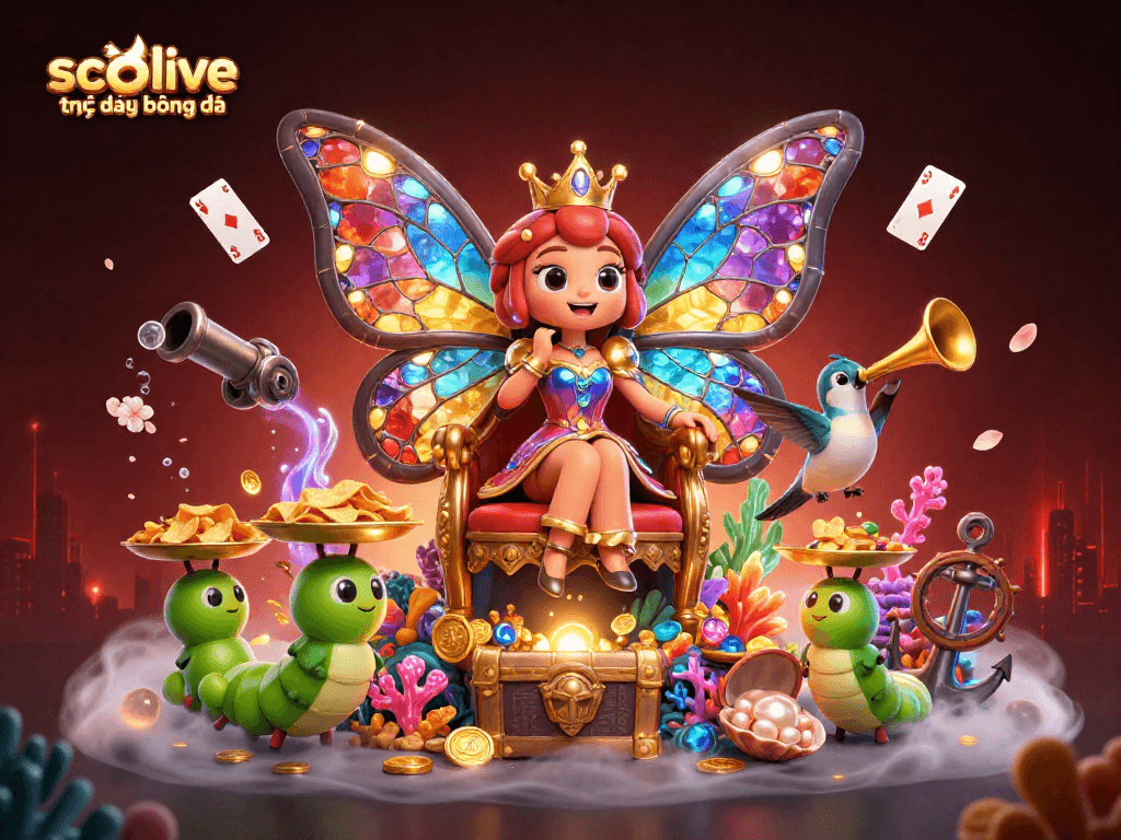 Experience socolive trực tiếp bóng đá with a vibrant 3D illustration featuring magical characters and casino elements.