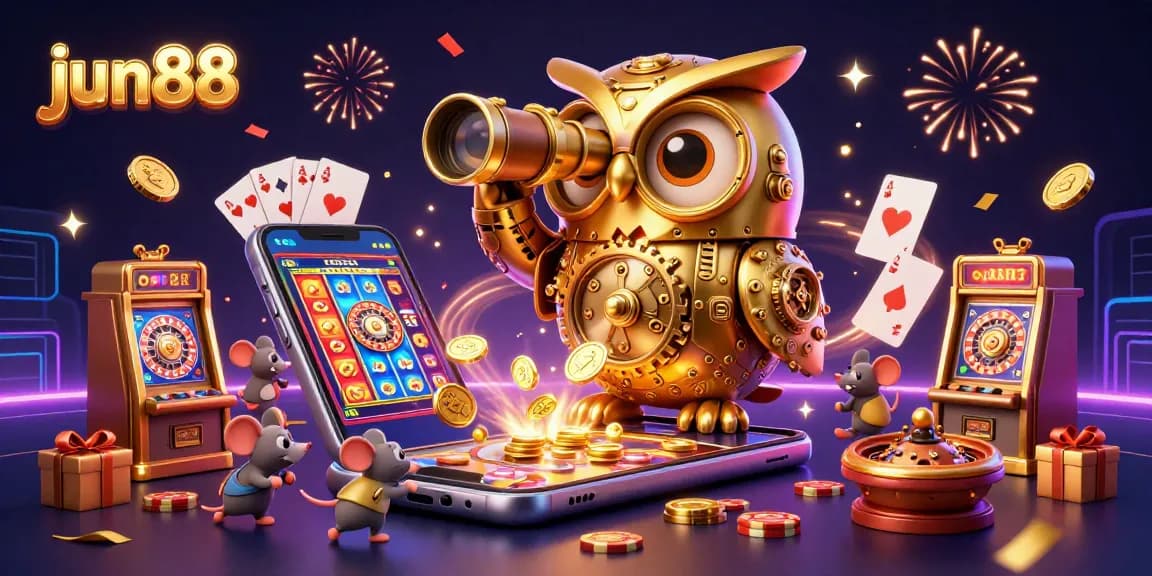 Experience thrilling gameplay at jun88 with a vibrant casino scene featuring slot machines and animated characters.