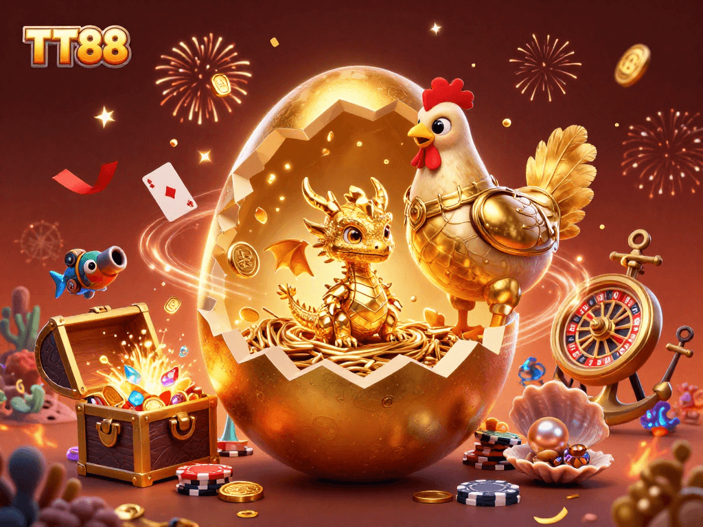 Experience thrilling games at TT88, where a golden dragon guards your poker chips amid vibrant casino elements.