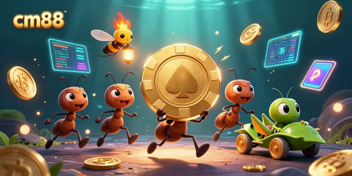 Experience the excitement of cm88 with a team of ants heisting a giant poker chip amidst vibrant crypto visuals.