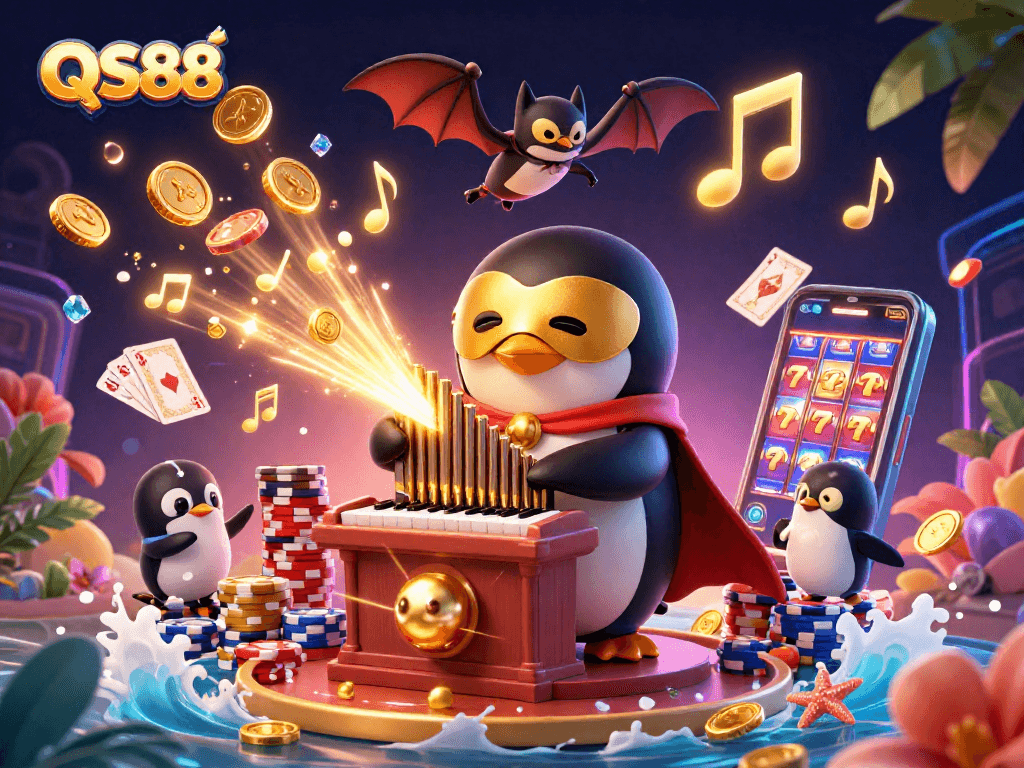 Experience thrilling gameplay at QS88 with a captivating 3D casino illustration showcasing a phantom penguin and tools of chance.