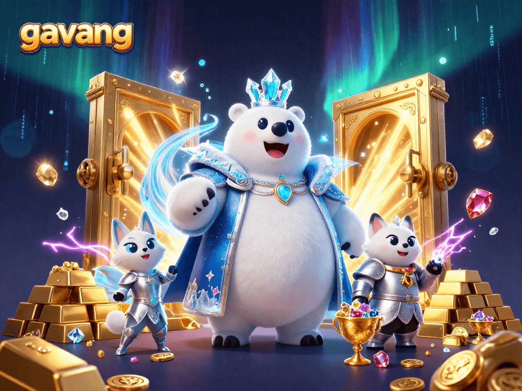 Experience gambling excitement with gavang in a captivating 3D scene featuring a magical ice king and treasures.