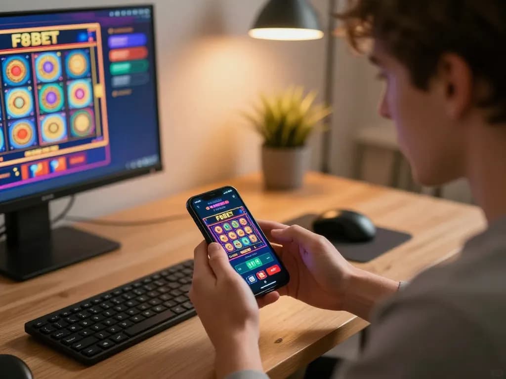Player enjoying F8BET app for online gaming showcasing vibrant slots and live betting