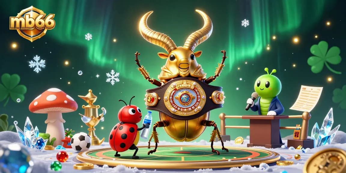 Bet on mb66 as the golden stag beetle faces off in a vibrant casino scene filled with sports elements.