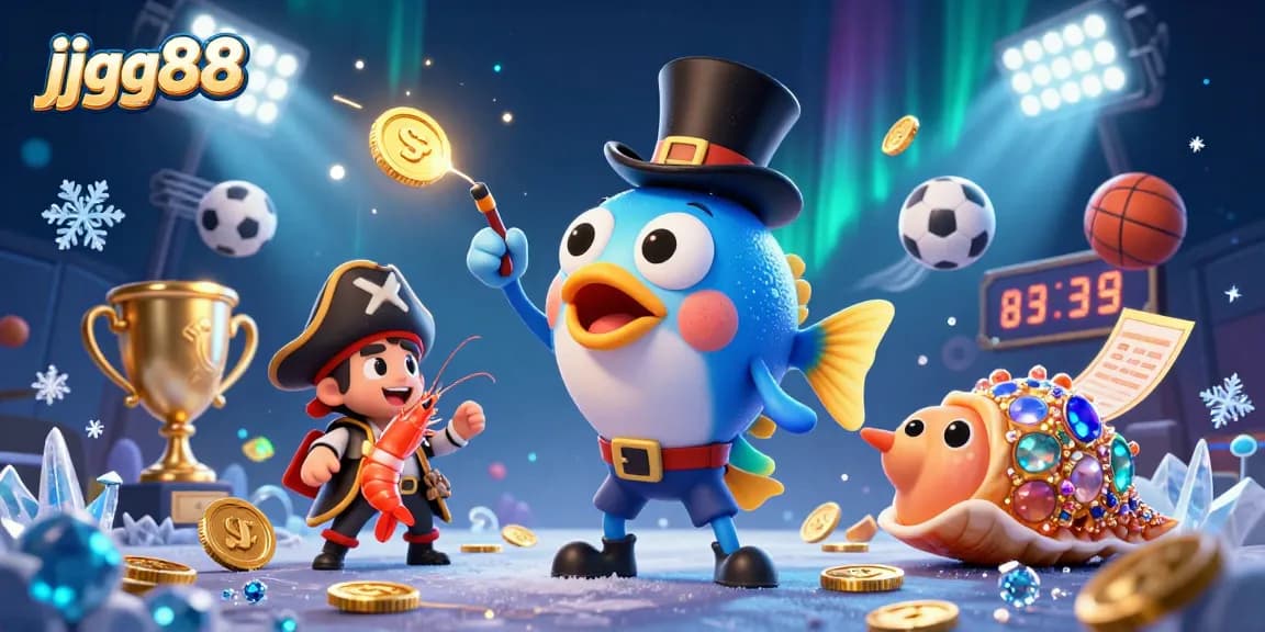 jjgg88 entices players with a magical casino scene featuring a glowing lure, pirate shrimp, and gem-covered snail.