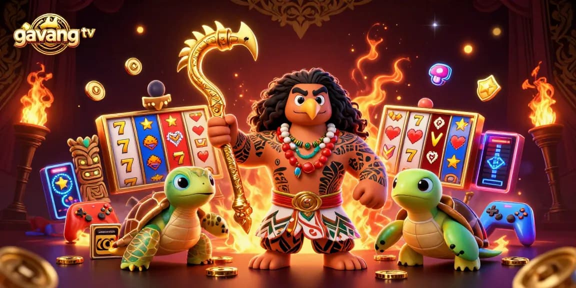 Spin the reels with gavang tv's fearless demigod and cartoon characters in a vibrant casino scene.