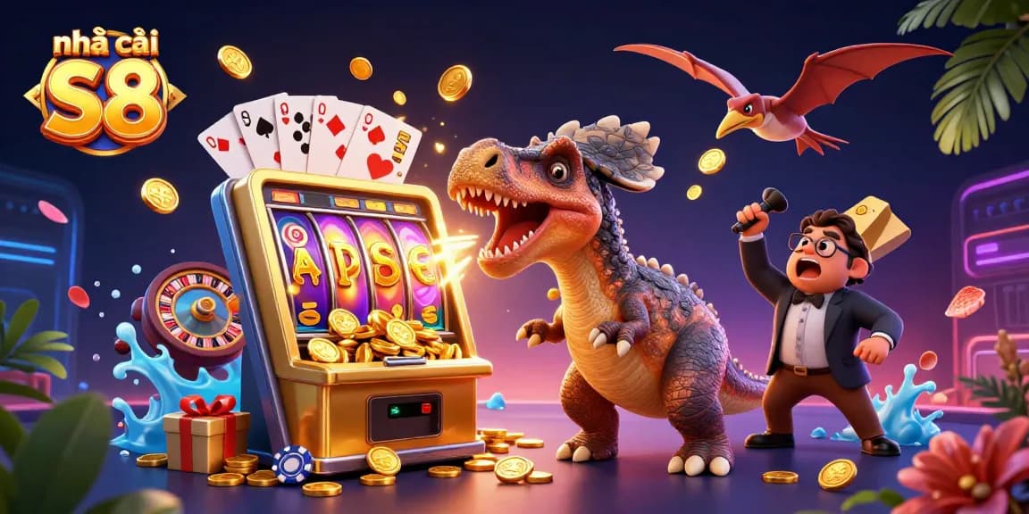 Experience the thrill of nhà cái S8 as a dinosaur headbutts a jackpot slot machine amid a vibrant casino scene.