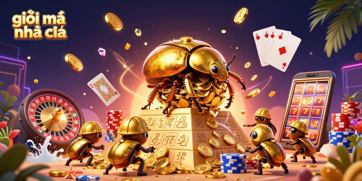 Spin and win with giải mã nhà cái as golden coins and beetles create a vibrant casino scene.