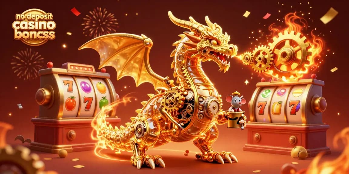 Engage with no deposit casino bonuses featuring a dynamic golden dragon amidst slot reels.