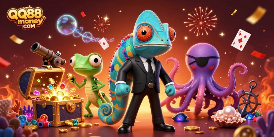 Engage with QQ88money COM in a vibrant casino adventure with chameleon and gecko.