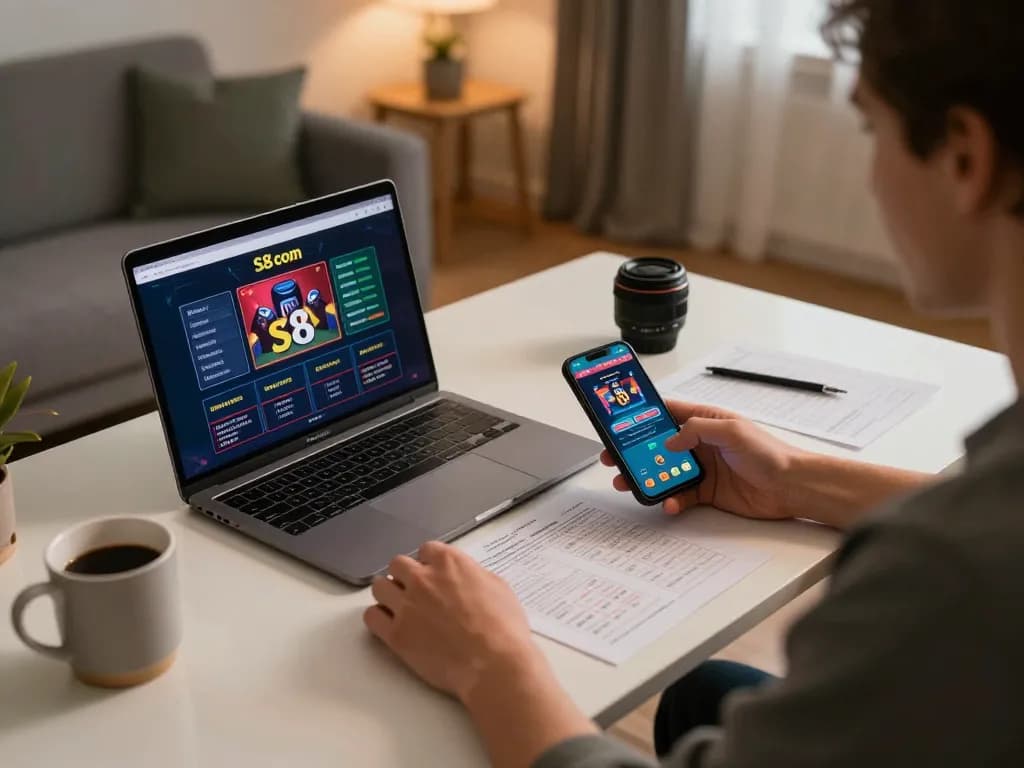 Engaged user playing S8 com online casino games with laptop showing poker interface