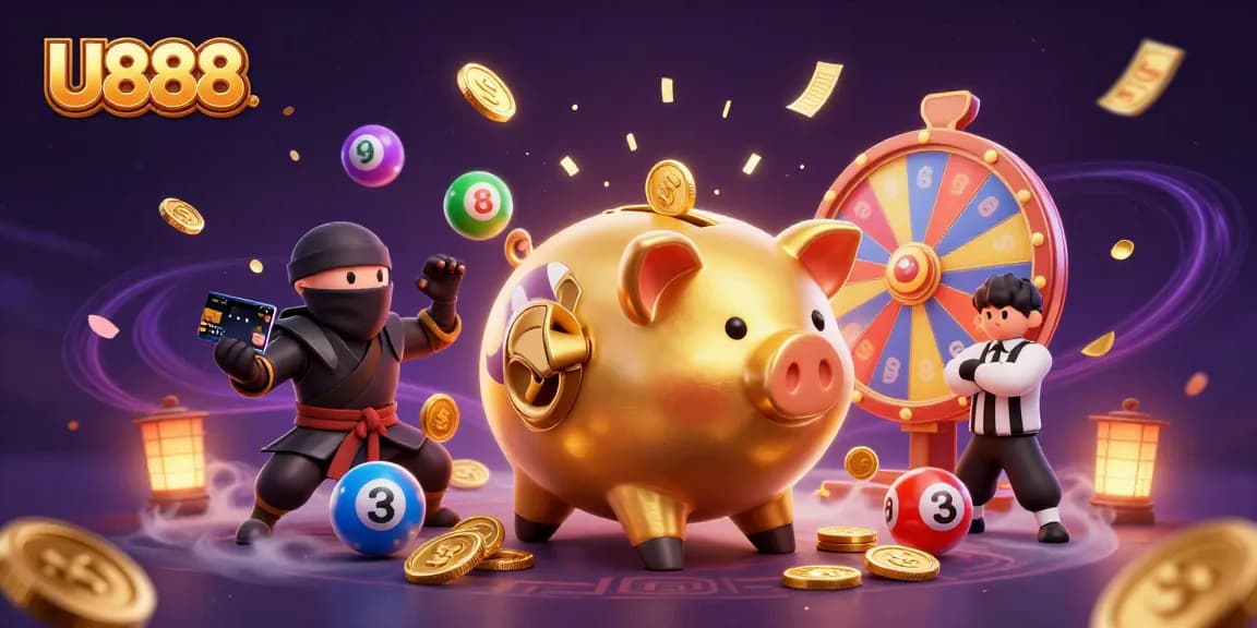 Experience U888 thrills with a golden piggy bank wrestler amidst dynamic gambling elements.