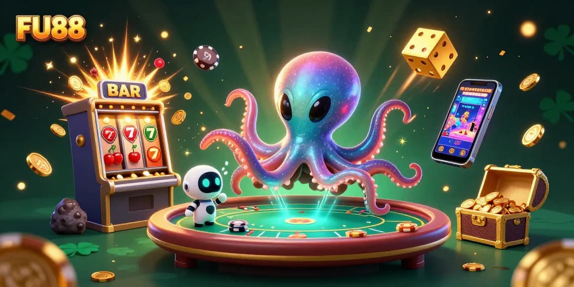 Engage in thrilling gameplay at FU88, showcasing a vibrant alien octopus managing a poker table amidst dynamic casino elements.