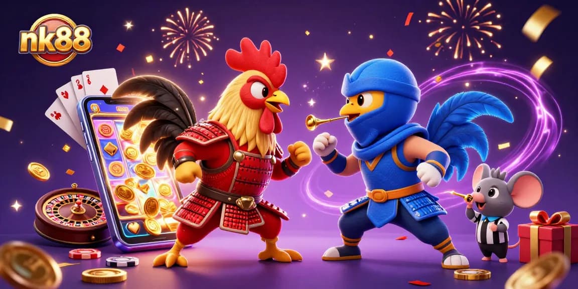 Engage in thrilling action at nk88 with dynamic cartoon roosters amidst a vibrant casino scene.