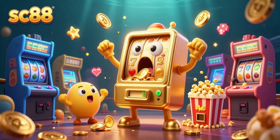 Celebrate winnings with sc88's golden slot machines and vibrant casino elements in a lively scene.