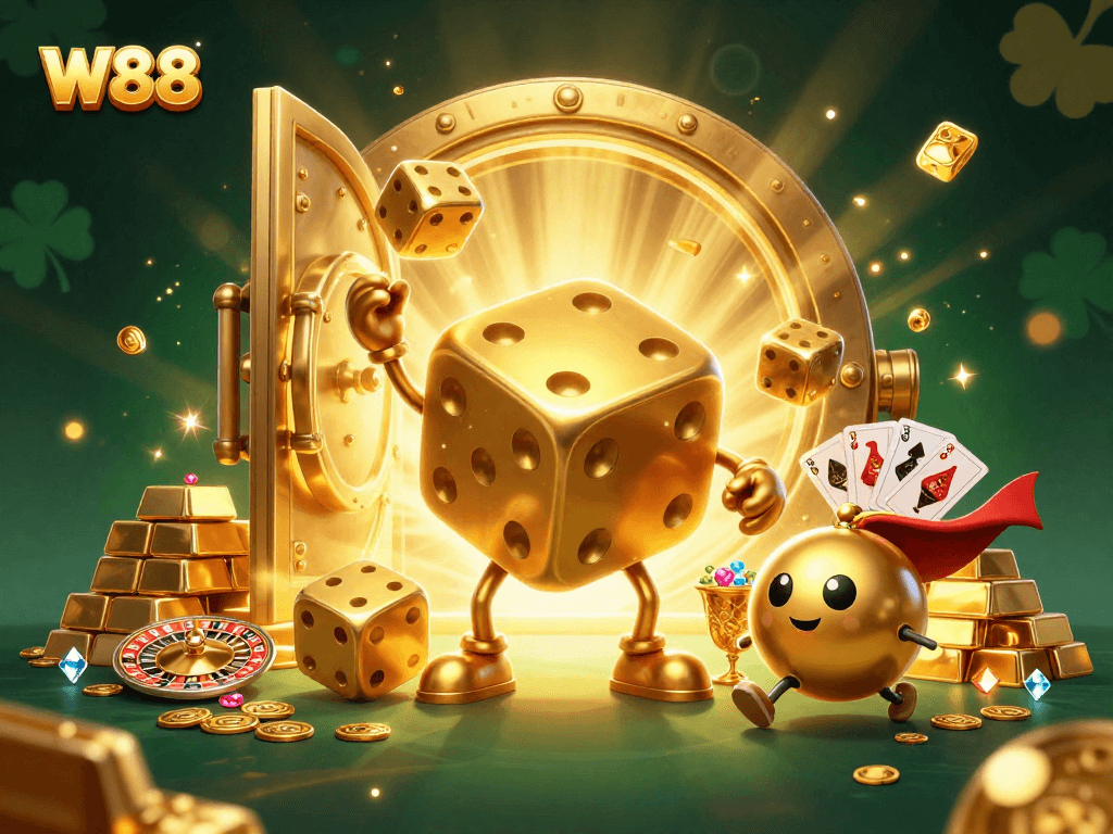 Experience thrilling W88 gaming with a dynamic scene featuring golden dice and treasures.