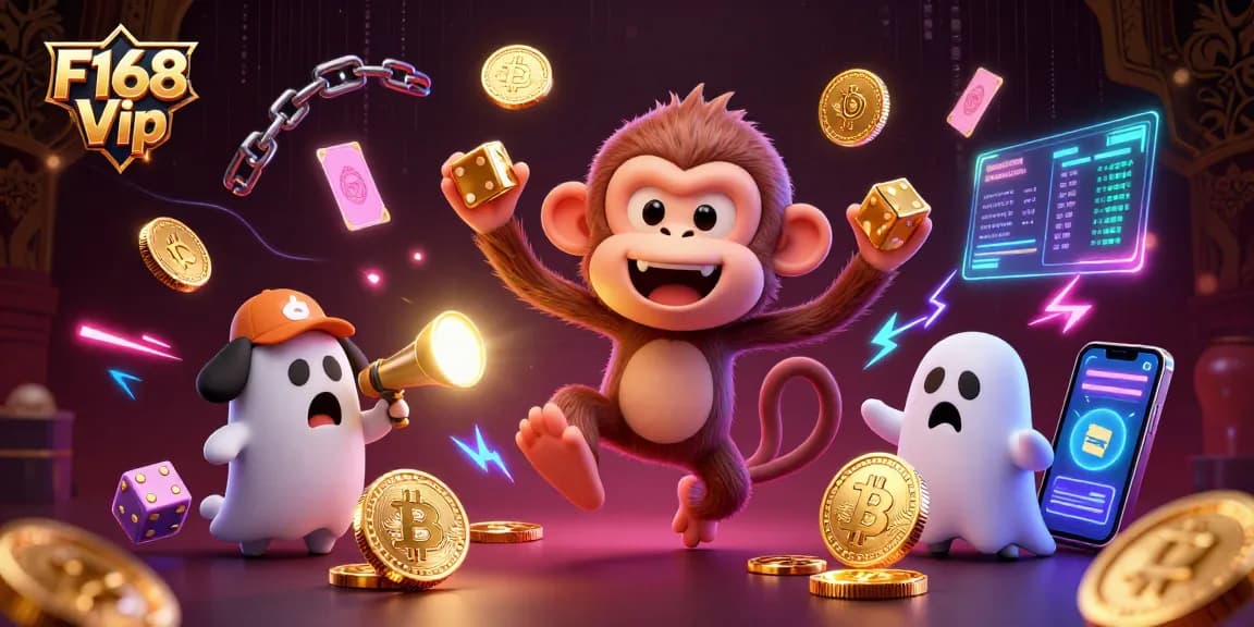 Experience F168 Vip with a playful monkey juggling coins in a haunted casino setting