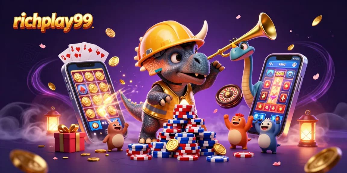Experience richplay99 excitement, celebrating with animated dinosaurs and casino elements in vibrant 3D.