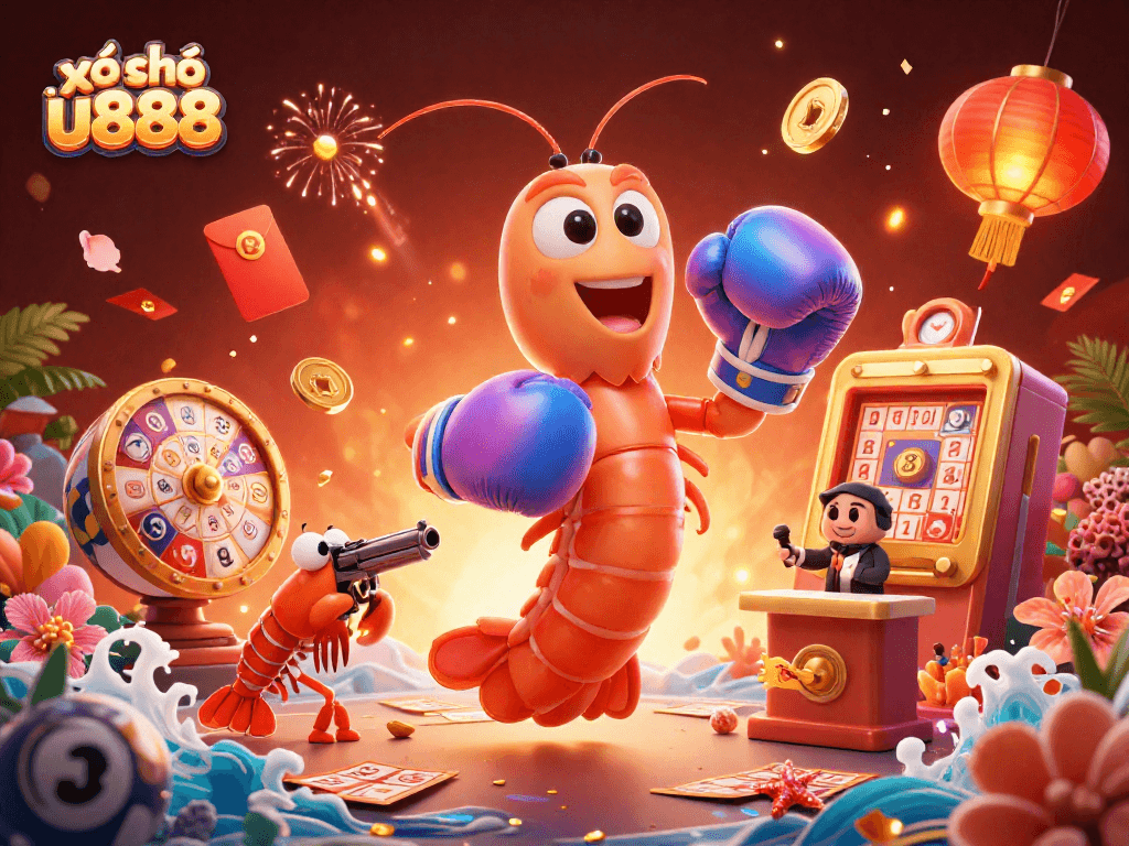 Play xổ số u888 with excitement, featuring lottery elements and vibrant characters in a festive atmosphere!