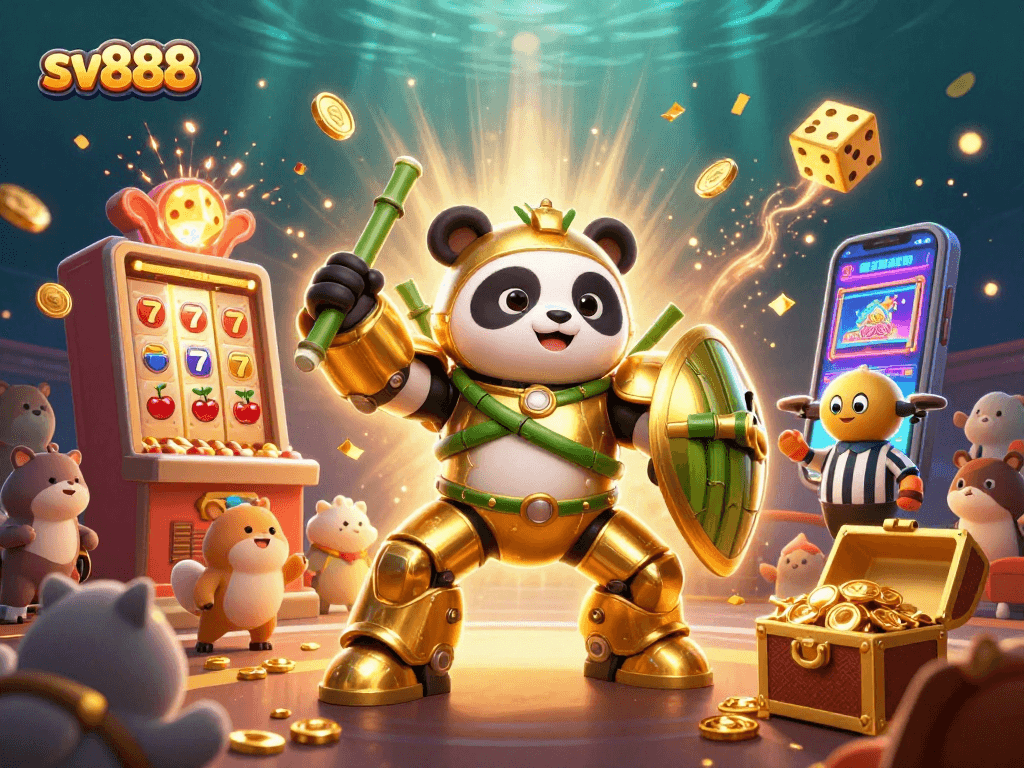Experience excitement with sv888 in this vibrant 3D casino scene showcasing a jackpot explosion and thrilling game elements.