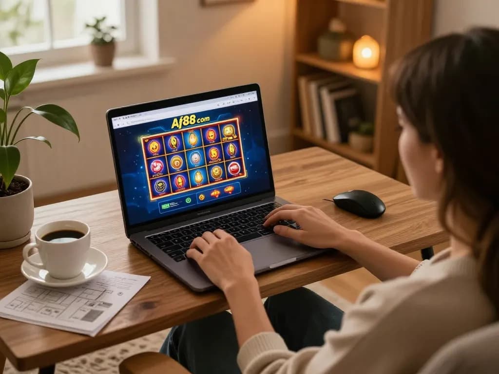 Player enjoying online game action at Af88 com in a cozy home setting with warm lighting.