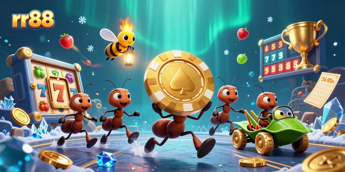 rr88 showcases a vibrant 3D illustration of ants running a heist with a golden poker chip, set in a dynamic casino scene.