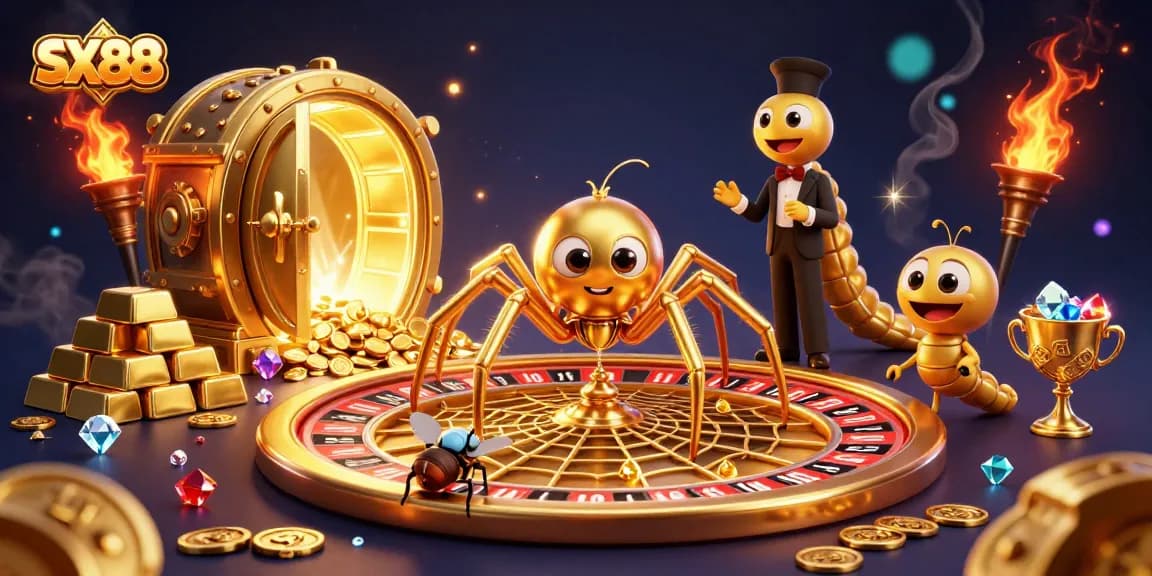 SX88 players place bets nervously as a golden spider spins a roulette wheel web in an ultra-detailed 3D scene.