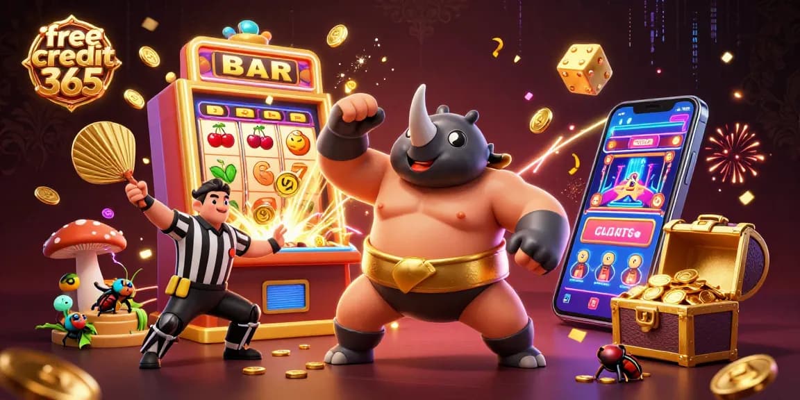 Experience exhilarating wins with free credit 365 at the vibrant online casino scene, featuring a sumo champion beetle.