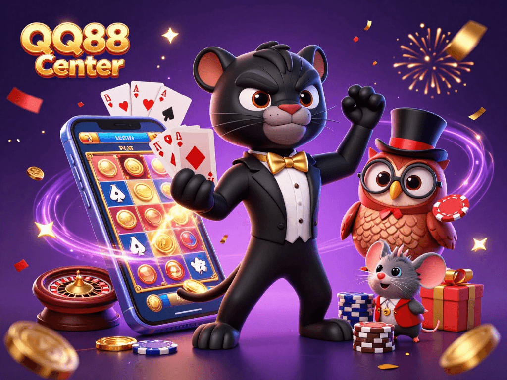 Experience the excitement at QQ88 Center with engaging games and vibrant casino elements featuring a cartoon black panther.