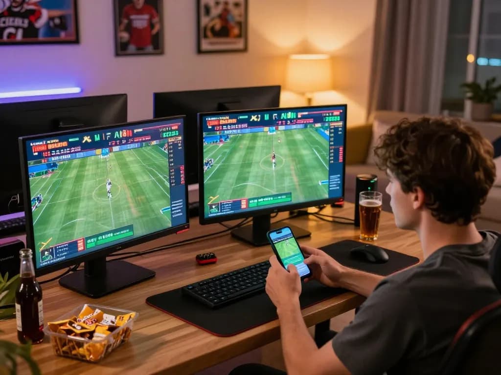 Excited player using F88bet on multiple screens for online sports betting analysis.