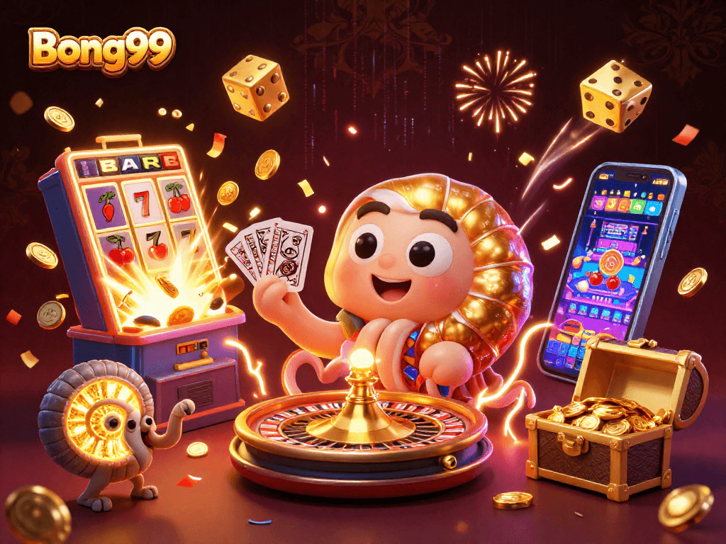 Bong99 features a nautilus roulette wheel among dazzling casino elements and vibrant slot machine jackpots.