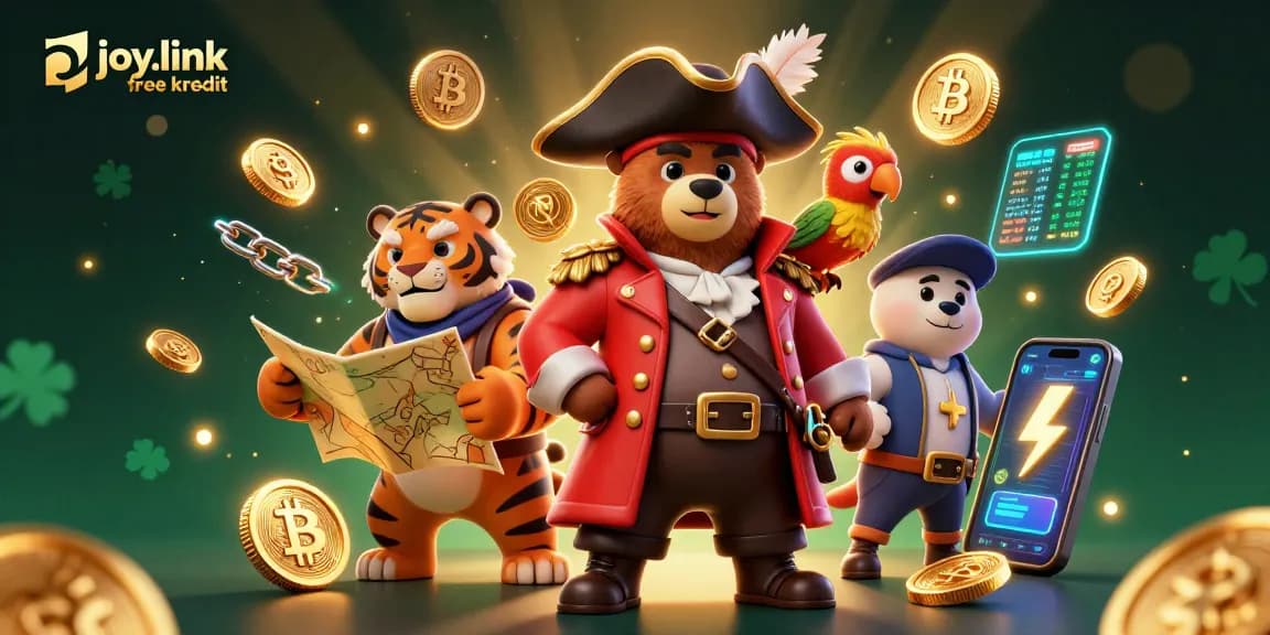 Experience joy.link free kredit with a vibrant casino-themed illustration featuring a pirate bear and crypto elements.