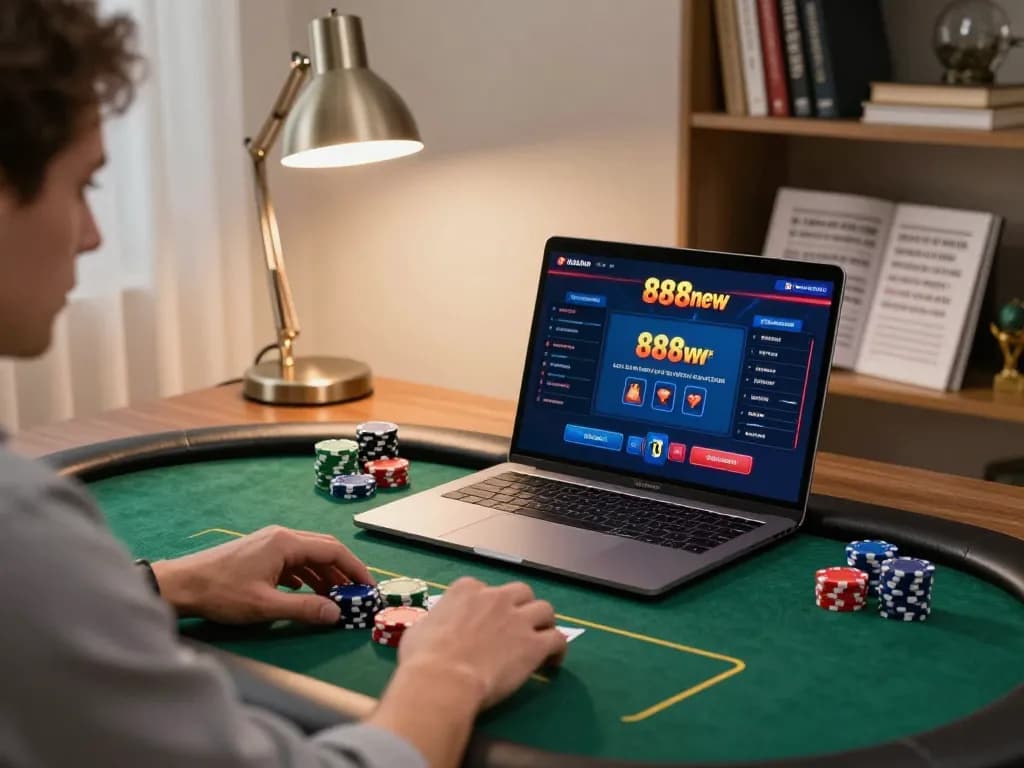 Engaging gameplay at 888new casino showing a poker interface on a sleek laptop.