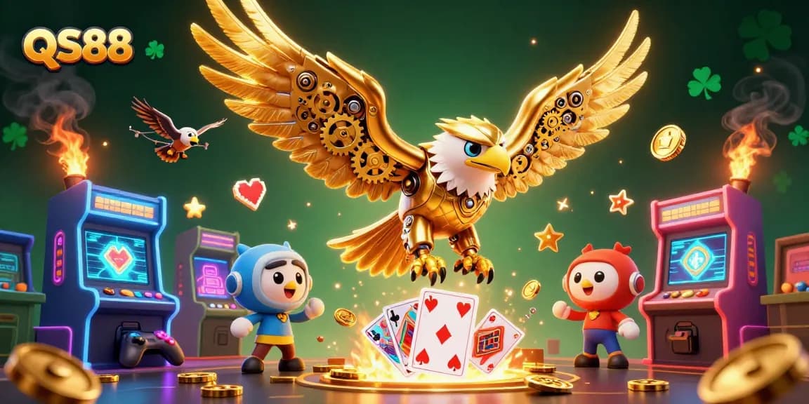 Experience QS88 with a dynamic illustration of a cybernetic eagle and holographic cards in action.