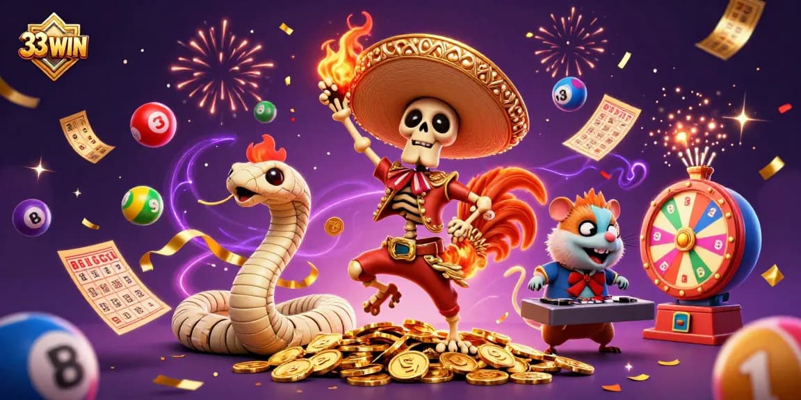 33WIN showcases a vibrant 3D celebration of lucky games with colorful elements and dynamic characters.