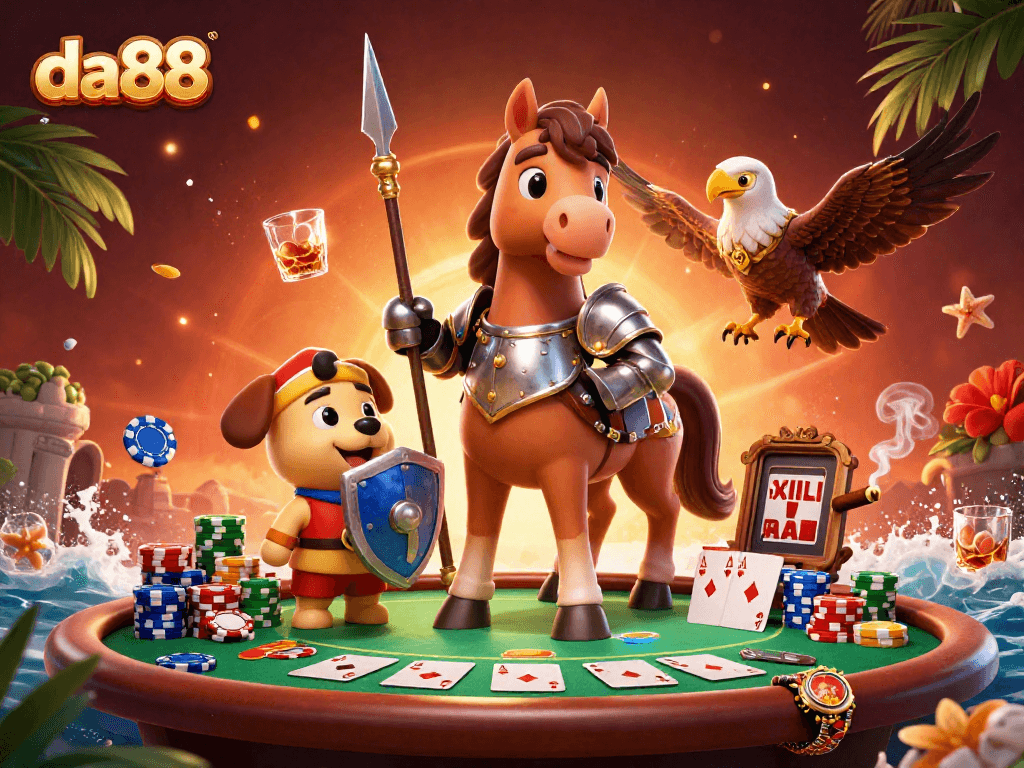 Engage with da88 by drawing poker action featuring a knight and puppy at the table.
