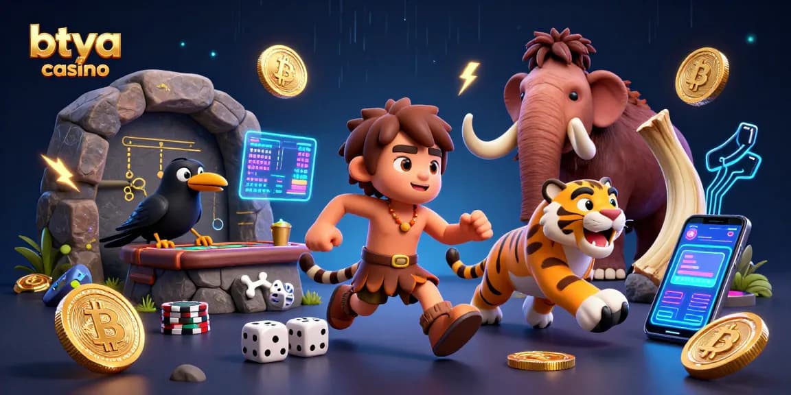 Betya casino showcases a prehistoric theme with 3D characters and crypto gambling elements.