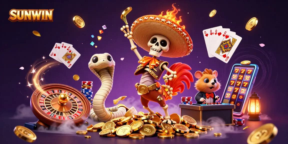 Experience the thrilling SUNWIN action with a vibrant gaming scene full of festive characters.