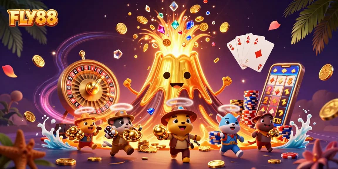 Experience the thrill of FLY88 with dynamic gambling elements and a lavish casino backdrop.