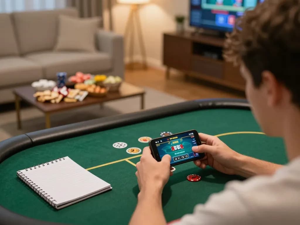 Engaged player exploring xx88 poker options on smartphone during home gaming session.