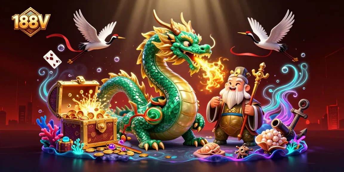Experience the thrill of 188V with a vibrant illustration of energetic casino elements and characters.