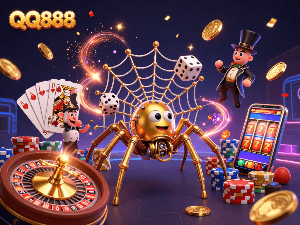 Play and win with QQ888 in this vibrant casino-themed illustration featuring steampunk elements and gaming excitement.